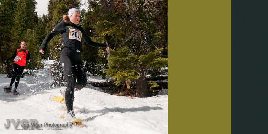 Brandy Erholtz competing in a snowshoe race.