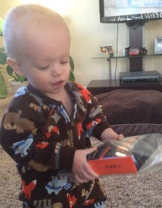 Asher checking out Brandy's Snow Socks.