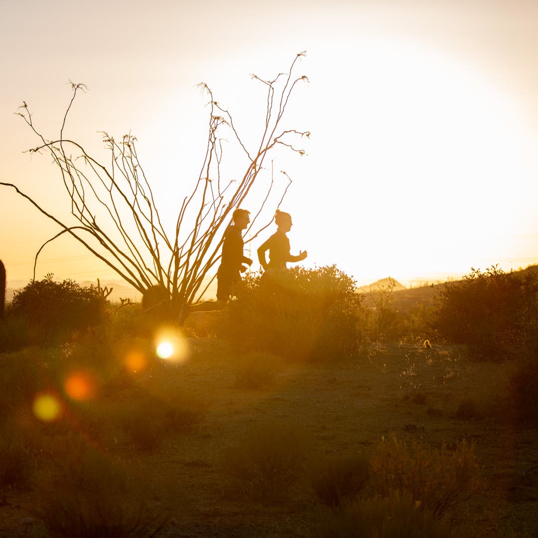 Two people running on a trail in the desert at dusk. Two people running on a trail in the desert at dusk.