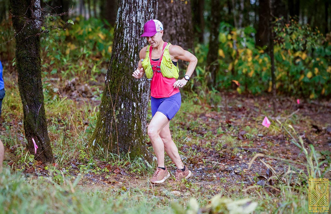 Team Injinji Athlete Christy Scott training on a trail for her next race.