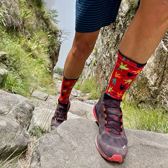 Courtney Dauwalter running in the woods wearing the Spectrum Women's Trail Midweight Crew.