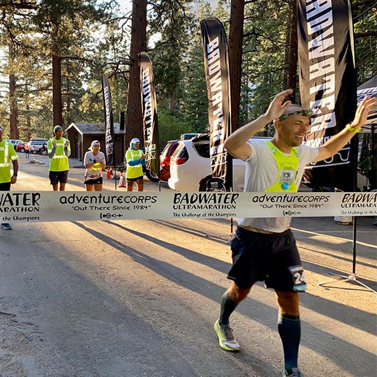 Jonathan Gunderson crossing the finish line at 2021 Badwater 135