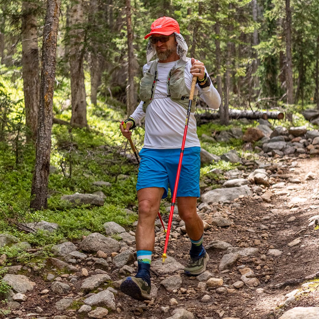 Jeff Browning trail running in the Artist Designed Men's Crew in Ridgeline.