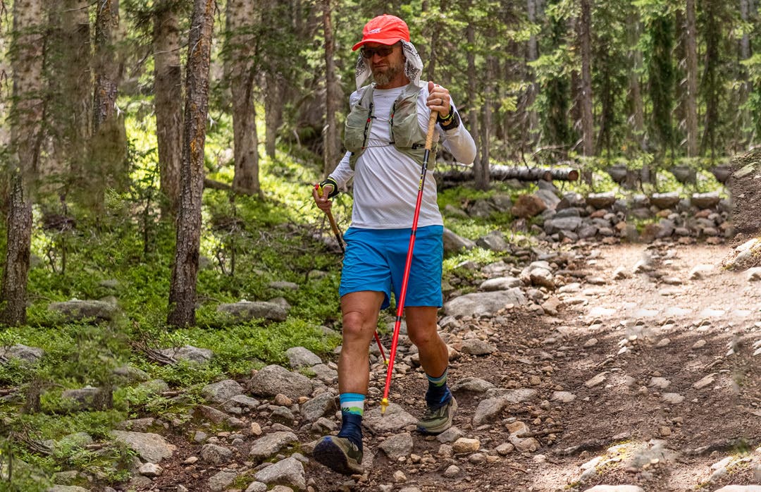 Jeff Browning trail running in the Artist Designed Men's Crew in Ridgeline.