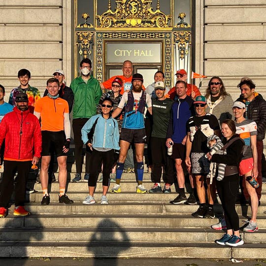 Mike Wardian and friends posting in front of San Francisco City Hall on Day 1.