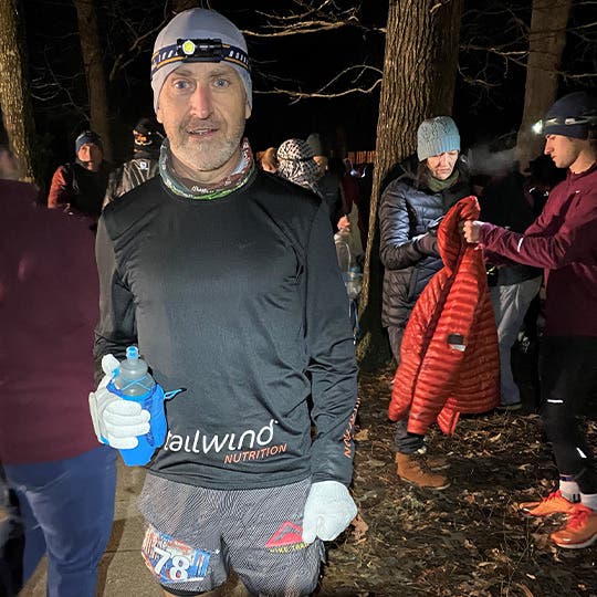 Steve Speirs taking a break at night during a timed race.