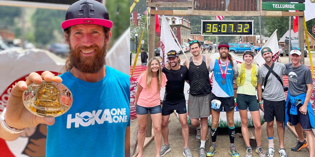 Two images combined side by side: a portrait of Mike Wardian and a photo of Mike Wardian at the finish line surrounded by six other people 