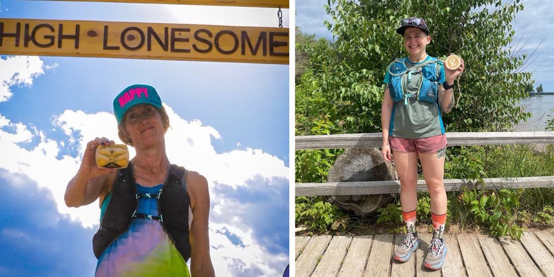 Team Injinji athletes Tara Warren holding up her race medal at High Lonesome 100 and Jessica Storrison-Carmean posing with her race medal at the Grand Island 50k.