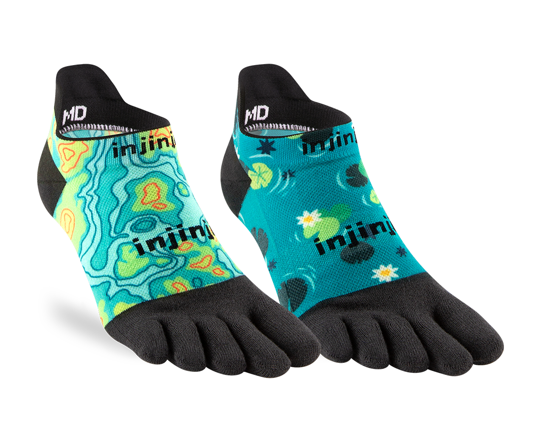 Injinji Artist Designed Men's No-Show performance socks in Hydro and Lilypad