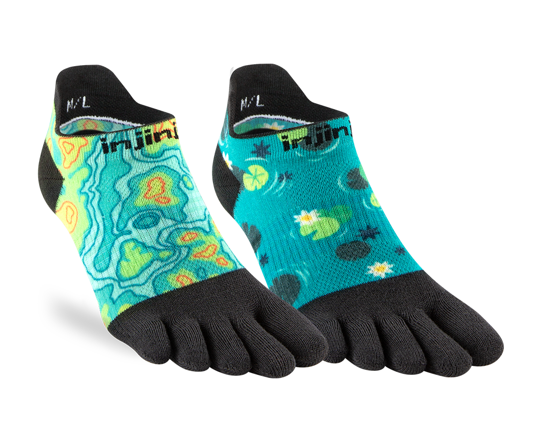 Injinji Artist Designed Women's No-Show performance socks in Glacier and Amanita.