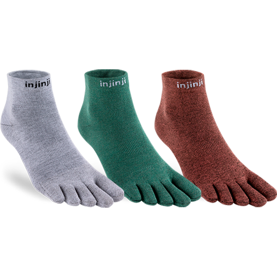 Injinji Liner Mini-Crew socks in Gray, Agave, and Rustic