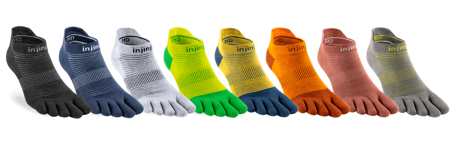 All eight Injinji Run Lightweight No-Show colorways including new Spring/Summer 2024 colorways: Royal Yellow, Campfire, Rust, Neon Silver