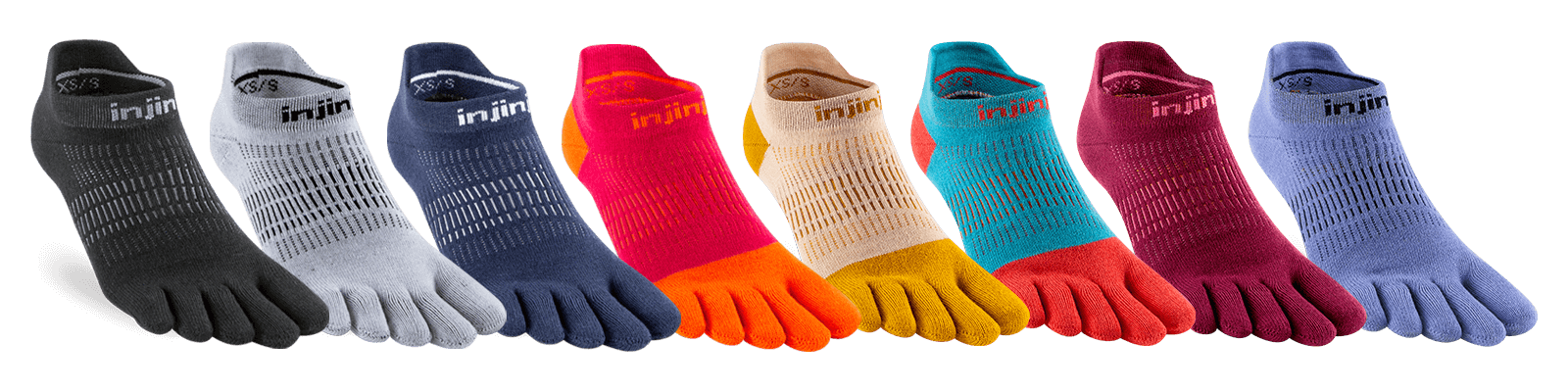 All eight Injinji Women's Run Lightweight No-Show colorways including new Spring/Summer 2024 colorways: Golden Spice, Sherbert, Beetroot, Bluebell